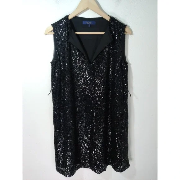 3/20 RACHEL Rachel Roy Black Glitter Sleeveless Keyhole Neck Shift Mini Dress XS - Picture 2 of 10
